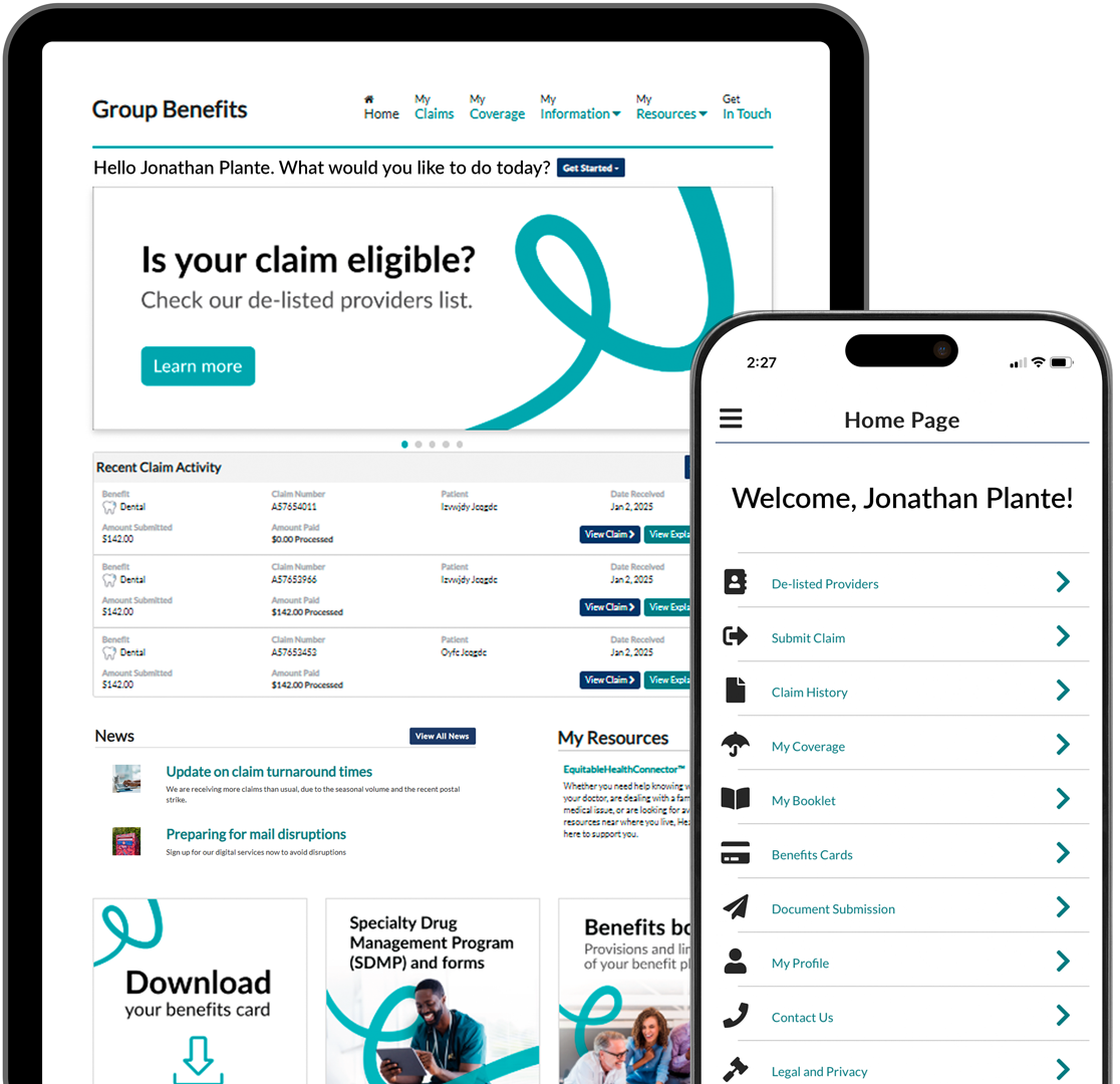 Tablet and mobile screenshots of EquitableHealth.ca showing recent claim activity and app navigation including submit a claim, my coverage, benefits cards